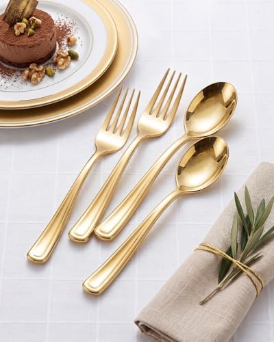 BUCLA 200-Piece Gold Plastic Silverware - Heavy Duty Disposable Cutlery Set - 100 Gold Plastic Forks & 100 Spoons for Catering, Party, Dinner, Wedding