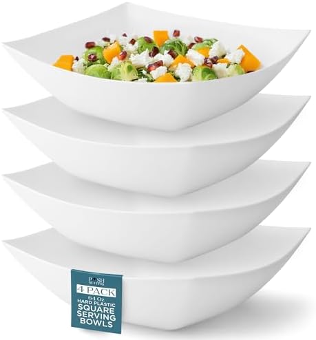 4 Pack Disposable White Plastic Serving Bowls Square Party Candy Use 64oz