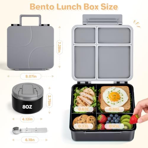 Bento Lunch Box for Kids with 8oz Soup Thermo,Kids Leakproof Lunch Food Containers with 4 Compartment,Kid Insulated Thermo Hot Food Jar for School,Trvael-Black