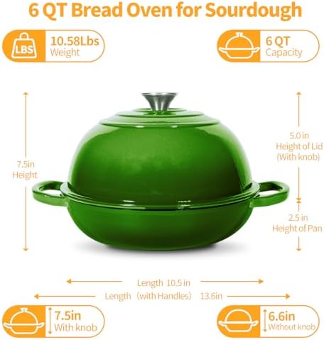 6QT Enameled Cast Iron Green Dutch Oven For Sourdough Bread Baking