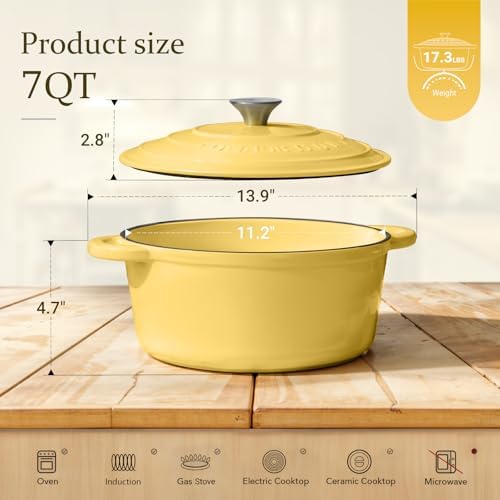 Overmont Enameled Cast Iron Dutch Oven - 7QT Pot with Lid Cookbook & Cotton Potholders - Heavy-Duty Cookware for Braising, Stews, Roasting, Bread Baking GooseYellow