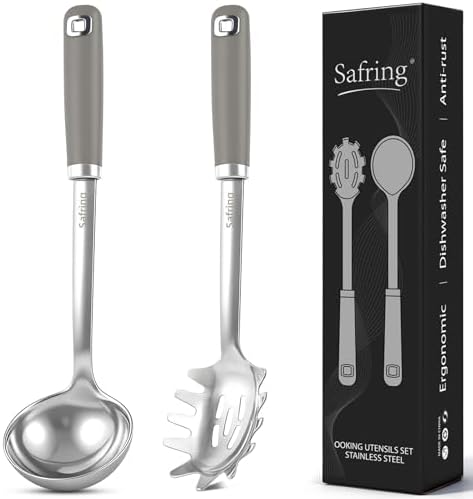Safring Stainless Steel Soup Ladle and Spaghetti Spoon Set, Heat Resistant Rubber Handle, Dishwasher Safe, Kitchen Utensils for Cooking, Stirring, Serving Pasta, Soup & Sauce (Gray)