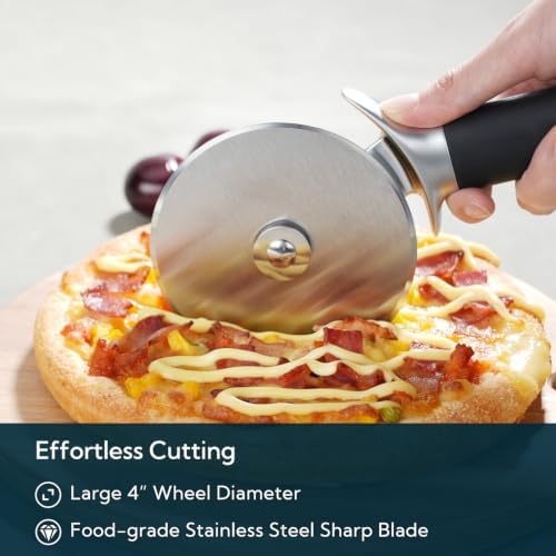 KITCHENDAO Pizza Cutter Wheel with Blade Cover & Thumb Guard, 4 Inch, Black