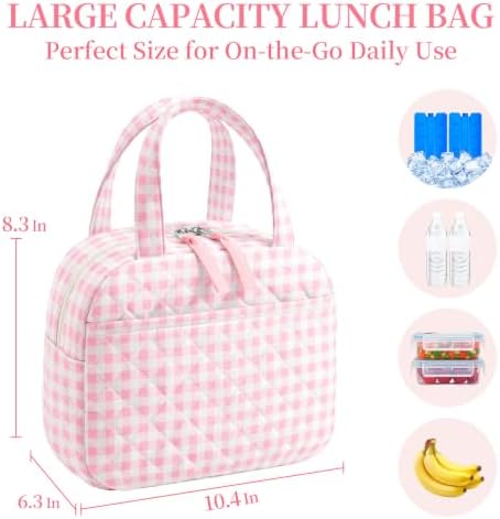 WOBAGMEN Quilted Lunch Box for Women,Coquette Aesthetic Lunch Box,Cute Pink Gingham Lunch Bags for Work,Office,Picnic,Travel(Pink Gingham)