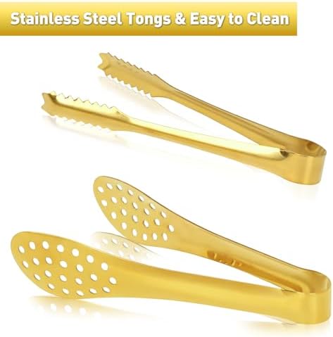 JCREN 12 Pack Mini Tongs - Small Stainless Steel Food Tongs for Serving Appetizers, Tea Party, Coffee, Desserts - 5 inch - Gold
