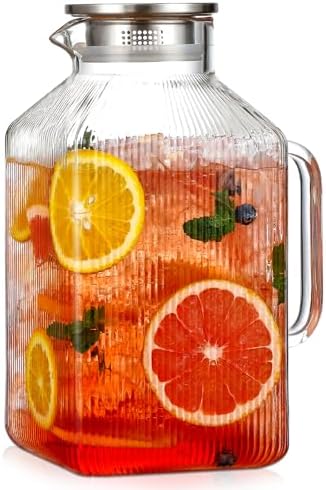 1 Gallon Square Classic Stripes Glass Pitcher with Lid, Pitchers for Fridge