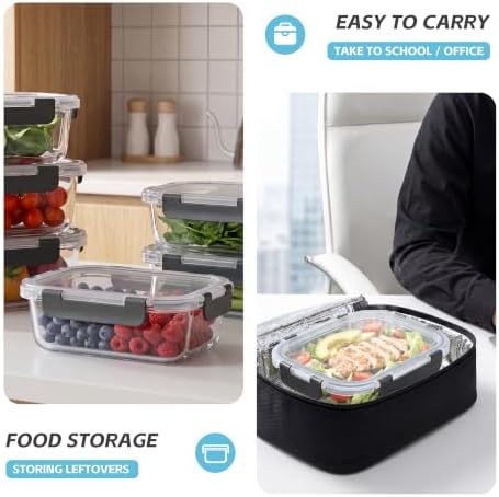 6-Pack 22oz Glass Meal Prep Containers with Lids, Airtight Leakproof Snap Lock Food Storage, Freezer, Microwave, Oven & Dishwasher Safe Bento Boxes for Meal Prepping, Grey