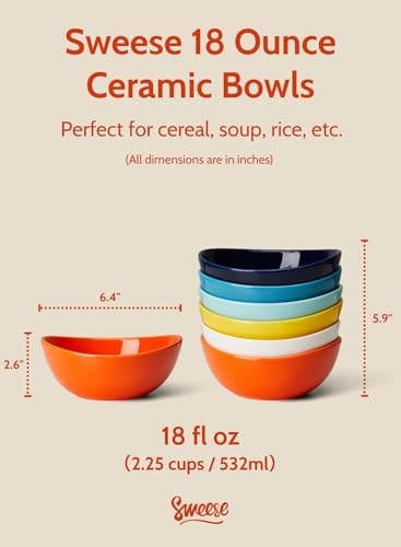 Sweese 18 oz Medium Porcelain Bowl - Set of 6 Rainbow Colored Cereal, Dessert, Soup, Rice & Salad Bowls, Ceramic Serving Bowls