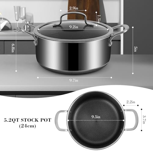 Hybrid Nonstick 5.2 QT Stock Pot with Tempered Glass Lid, Stay-Cool Handles, Dishwasher & Oven-Safe Up to 500°F, Non-toxic PFOA Free Induction Ready, Compatible with All Cooktops