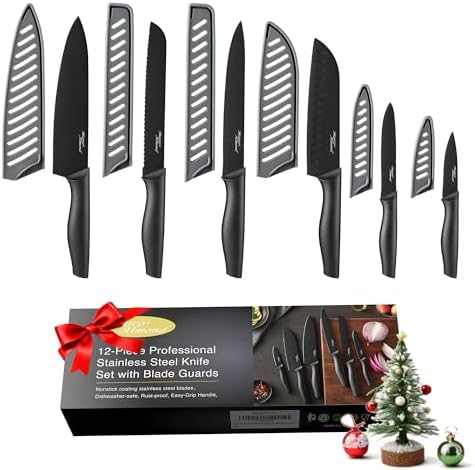 Marco Almond Kitchen Knife Set 12PC Kitchen Knives Set w Covers Black