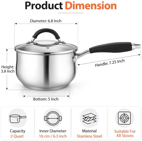 TeamFar Sauce Pan, 2 Quart Stainless Steel Saucepan with Lid