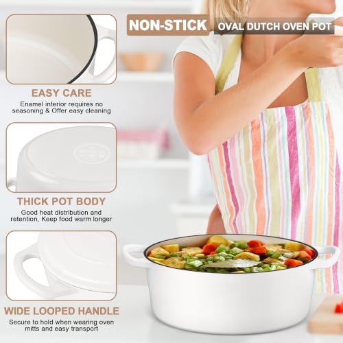 E-far 7QT Oval Dutch Oven Pot with Lid, White Enameled Cast Iron Dutch Oven