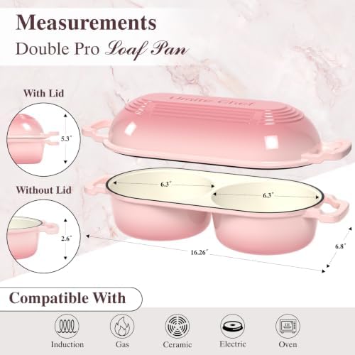 Umite Chef Dutch Oven for Sourdough Bread Baking – Enamelled Cast Iron Bread Loaf Pot – 500°F Oven Safe– Double Round Loaf Space, 16.5“ Diameter, 5" Banneton Proofing Baskets & Cotton Potholders(Pink)