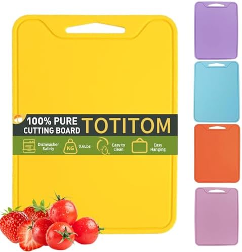 Flexible Plastic Cutting Boards for Kitchen, 11.8''x 8.6'' Silicone Cutting Board, BPA Free Non Slip Kitchen Cutting Mat for Meat, Vegetables and Fruit with Easy Grip Handle, Dishwasher Safe (Yellow)