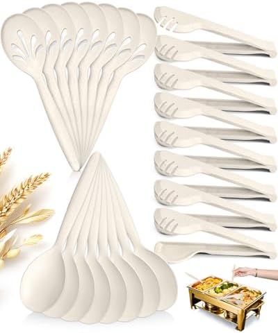 Reusable Plastic Serving Utensils Set of 24, Heavy Duty Wheat straw Large Serving set 10" Serving Spoons/10" Slotted Spoons/9.4" Tongs, for Party Buffet Catering (Khaki, Not for Cooking)