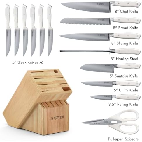 Yatoshi 15 Piece White Knife Block Set - Pro Kitchen Knife Set Ultra Sharp High Carbon Stainless Steel with Ergonomic Handle