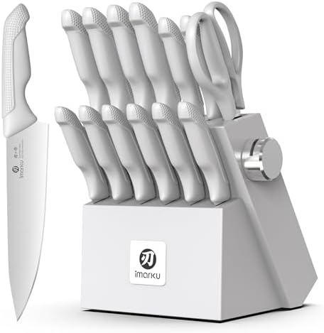 imarku 14-Piece Kitchen Knife Set, Gray Gyutou Knife Sets with Block and Build-in Sharpener, Ultra-Sharp Steak Knives Set of 6, Ergonomic Handle, Dishwasher Safe, New Apartment Essentials