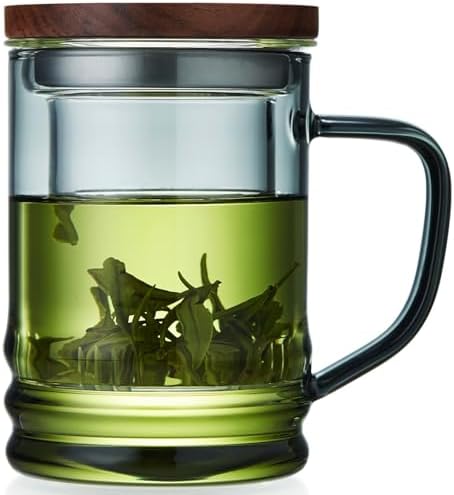 Unbreakable Glass Tea Cup with Infuser and Lid 14.5 fl oz, Heat Resistant Borosilicate Glass Tea Infuser Mug for Blooming and Loose Leaf Tea, Gas Stovetop Safe