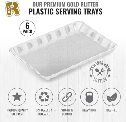 6 Pack Silver Glitter Plastic Serving Trays for Party, 9 x 13 Inch - Heavy Duty Plastic Silver Trays for Food - Rectangular Party Serving Platters