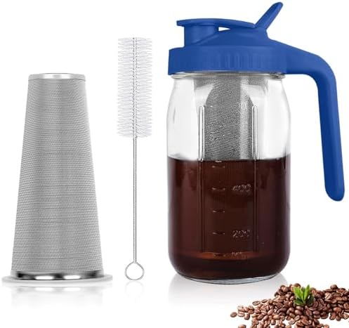 Cold Brew Coffee Maker, 32 oz Mason Jar Pitcher with Stainless Steel Filter, Pour Spout Handle Lid, Heavy Duty Glass Airtight & Leak-Proof for Iced Coffee,Tea & Lemonade