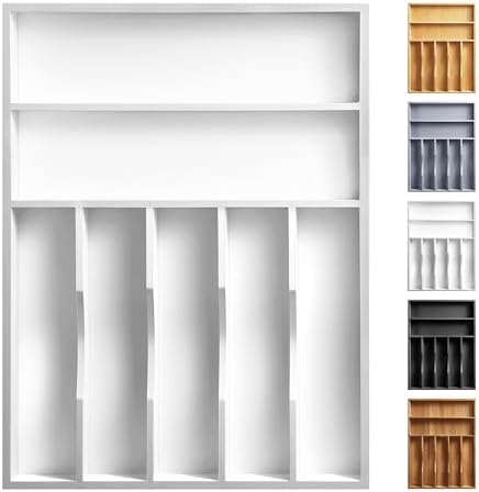 Kitchen Bamboo Silverware Organizer, Kitchen Drawer Organizer - Utensil Holder and Cutlery Tray with Grooved Drawer Dividers for Flatware 7 Slot, White