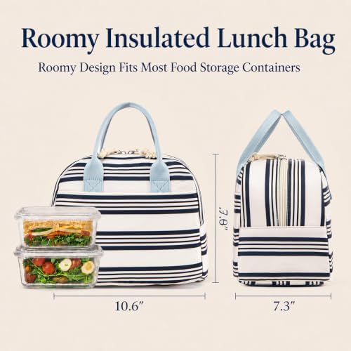 LOVELYWIND Lunch Box for Women, Insulated Lunch Bag, Navy Stripe Tote