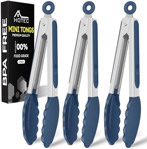 HOTEC Small Silicone Kitchen Tongs 7-Inch Mini Serving Tongs, Set of 3
