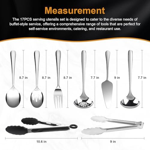 17PCS Serving Spoons and Utensils Set, Stainless Steel Serveware Silver