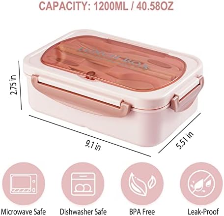 Bento Box for Adult, 1200 ML Lunch Containers for Adults, LeakProof Lunch Box with Utensils, BPA Free, 3 Compartment Bento Box Microwave Safe, Pink