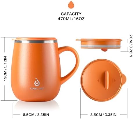 Ideus 16 oz Insulated Coffee Mug with Lid and Handle (Orange Tiger 2.0)