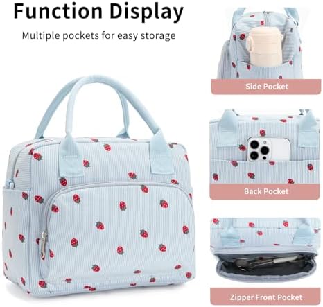 Lunch Bag Women Lunch Box for Women Adult Cute Insulated Lunch Bag Lager Cooler Lunch Tote Bags for Work Picnic (Blue-Strawberry)