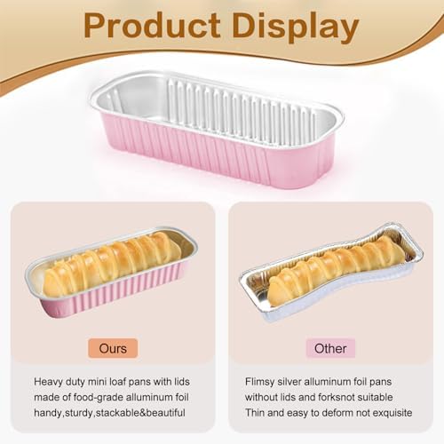 100 Pack Mini Cake Pans with Lids and Spoons, Mini Loaf Baking Pans 6.8oz, Small Disposable Aluminum Foil Loaf Pans, Rectangular Baking Containers for Party and Picnics, Cheesecake Pans (Pink)
