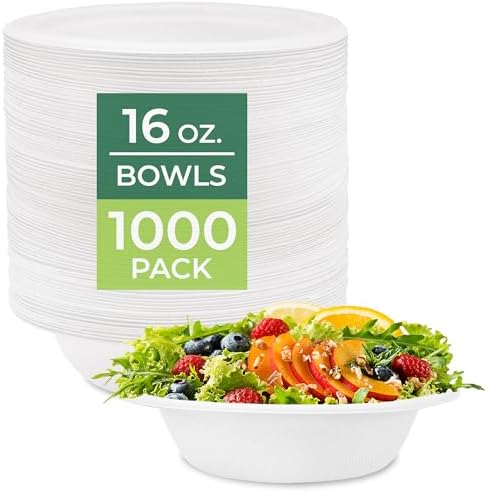 Freshware Paper Bowls - Disposable 16 oz. Soup Bowl, 1000 Pack Biodegradable Sugarcane Fiber Serving Bowls - Heavy Duty Bagasse for Hot Food Plates - Microwave & Freezer Safe, Stackable Dinnerware