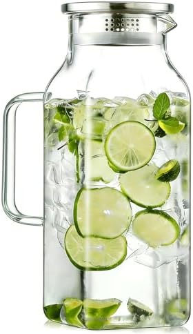 1 Pack 2 Liters/68 oz Square Glass Pitcher with Lid and Handle, Glass Carafe for Hot/Cold Water, Large Iced Tea Pitcher for Coffee, Juice