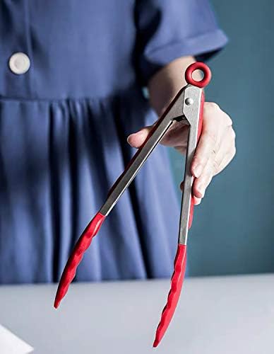 HINMAY 9" Kitchen Tongs with Silicone tips, Set of 3 (Red Blue Green)