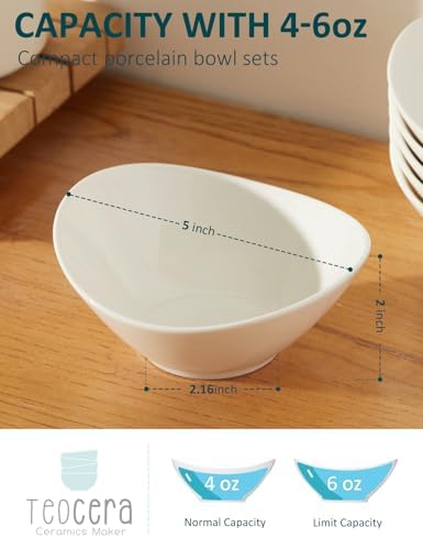 Teocera 5 Inch Porcelain Small Bowls Set, 6 Ounce small serving bowls for Dessert, Ice Cream, Snack, Dipping, Side Dishes, Microwave & Dishwasher Safe- White