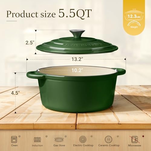 Overmont Enameled Cast Iron Dutch Oven - 5.5QT Pot with Lid Cookbook & Cotton Potholders - Heavy-Duty Cookware for Braising, Stews, Roasting, Sourdough Baking Glossy Green