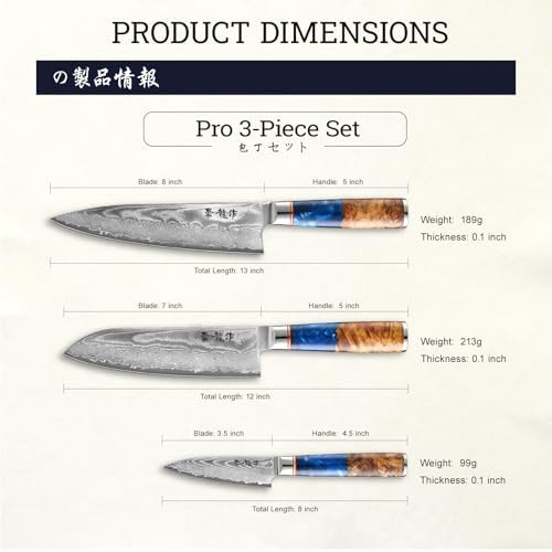 Japanese Chef Knife Set 3 Pcs, 67-Layer Damascus Kitchen Knife Set with VG10 Steel Core, Professional Sharp Damascus Knives with Ocean-Blue Ergonomic Handle, Include Elegant Cooking Gifts Box
