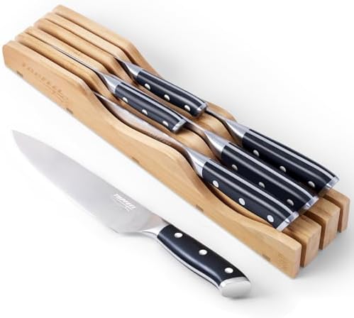 Topfeel 6PCS Kitchen Knife Set with In-Drawer Bamboo Knife Block