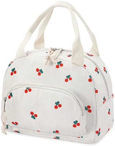 Lunch Bag Women Lunch Box for Women Adult Cute Insulated Lunch Bag Small Cooler Lunch Tote Bags for Work Picnic Travel (Beige-Cherry)