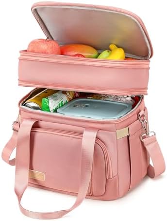 MAPLELILY Lunch Box for Men Women - Double Deck Insulated Lunch Bag, Large Leak Proof Tote Cooler, Wide Open Dual Compartment Lunch Bags with Shoulder Strap, For Work Picnic Hiking Beach, Pink