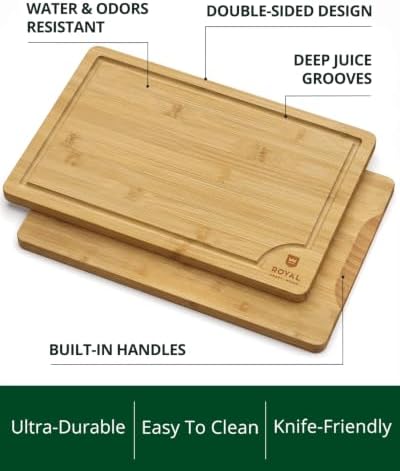 ROYAL CRAFT WOOD Wooden Cutting Boards for Kitchen Meal Prep & Serving - Bamboo Wood Serving Board Set with Deep Juice Groove Side Handles - Charcuterie & Chopping Butcher Block for Meat