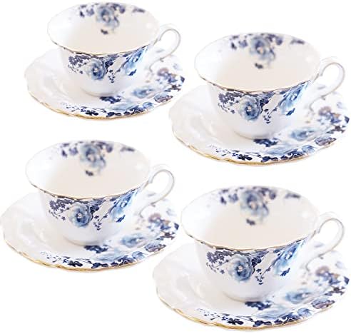 Ceramic Tea Cups Coffee Cup and Saucers Set of 4 (Blue and White)