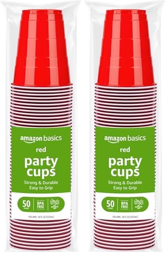 Amazon Basics Disposable Red Plastic Party Cups, BPA-Free, 18oz, for Birthdays, BBQs and Events, 120 Count (Pack of 2)