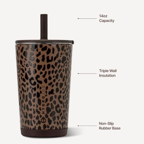 HydroJug Everyday Tumbler 14 oz, Ceramic-Lined Straw Cup, Brown Leopard