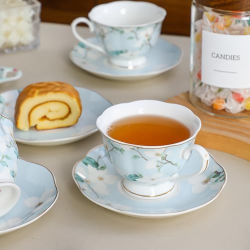 6oz Porcelain Tea Cup & Saucer Set of 6, Floral & Gold