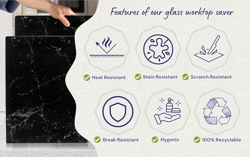 Kitchenville Glass Cutting Board 16"x12": Tempered Glass Kitchen Counter Protector - Durable- Scratch-Resistant, Heat-Proof - Design 1 - Black Marble Effect
