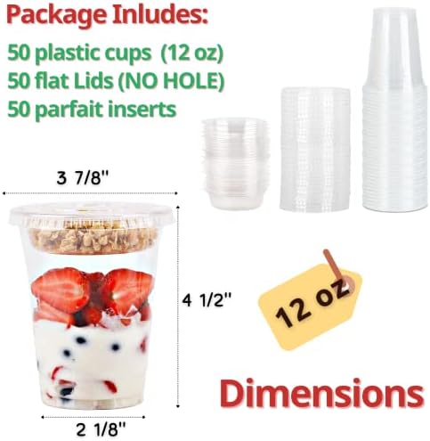 Aatriet 12 oz Clear Plastic Parfait Cups with Insert & Flat Lids No Hole - (50 Sets) Yogurt Fruit Parfait Cups for Kids, for Dips and Veggies, Take Away Breakfast and Snacks. No Leaking