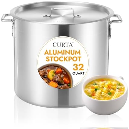 CURTA 32 Quart Aluminum Stock Pot with Lid, Heavy Duty Commercial Grade Large Capacity Cooking Pot for Boiling, Stewing, Great for Kitchen, Restaurant, Catering, and Home Use, NSF Certified