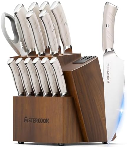 Astercook Knife Set Kitchen with Block and Dual Sharpener Full Tang 15 Pcs German Stainless Steel Knives Dishwasher Safe Utensils Set with Ergonomic Handle, Elegant White